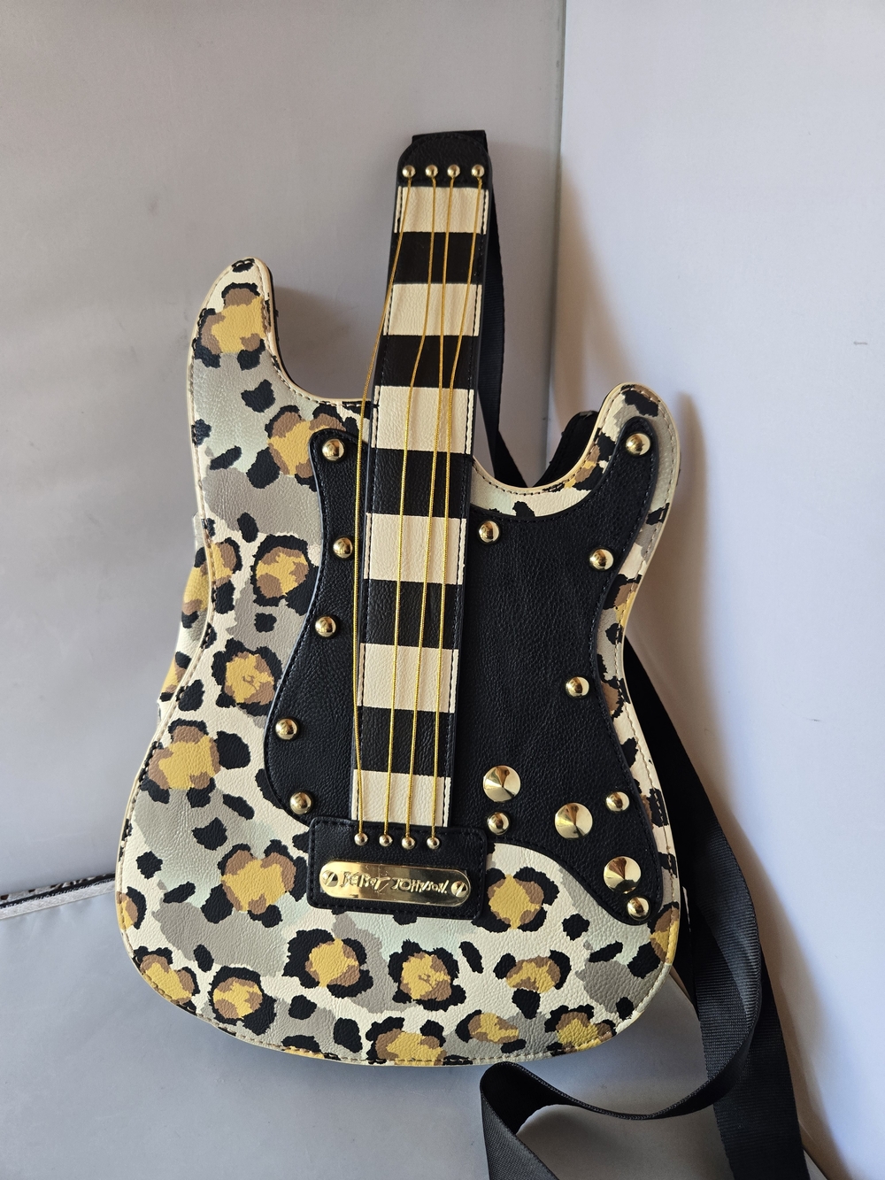 Betsey Johnson Leopard Print Guitar Crossbody in Black, Tan and Cream - Picture 3 of 9